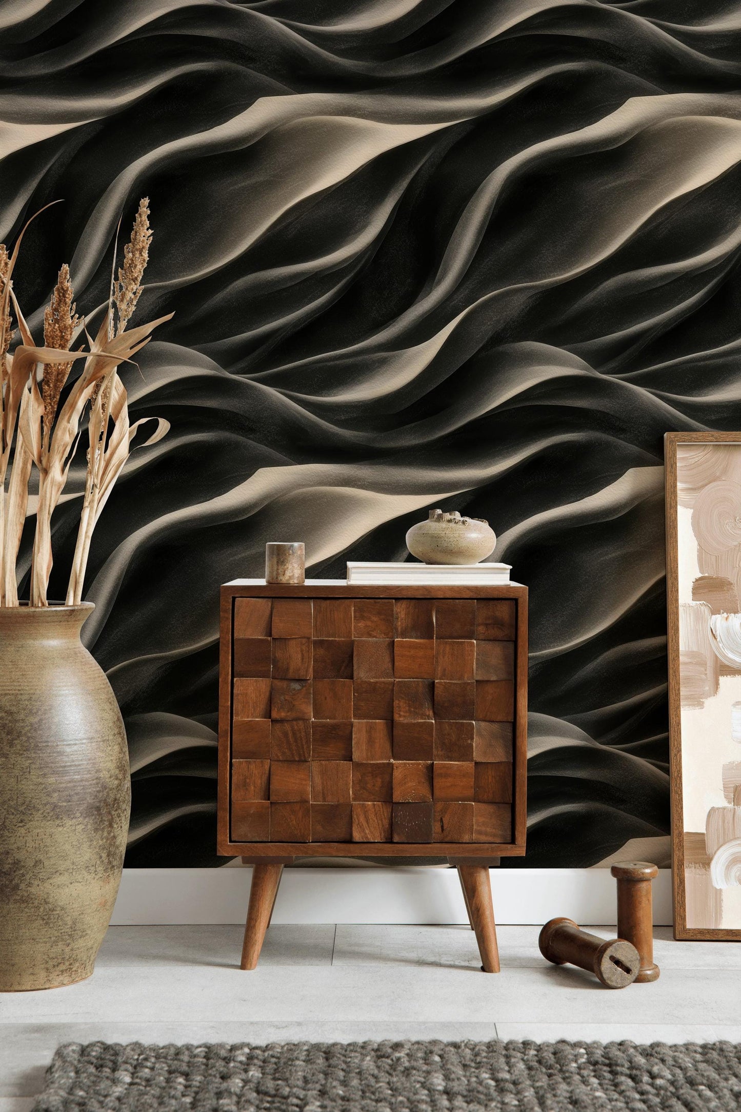 Abstract Black White Wave Wallpaper | Modern Textured Wall Mural | Minimalist Peel and Stick Decor