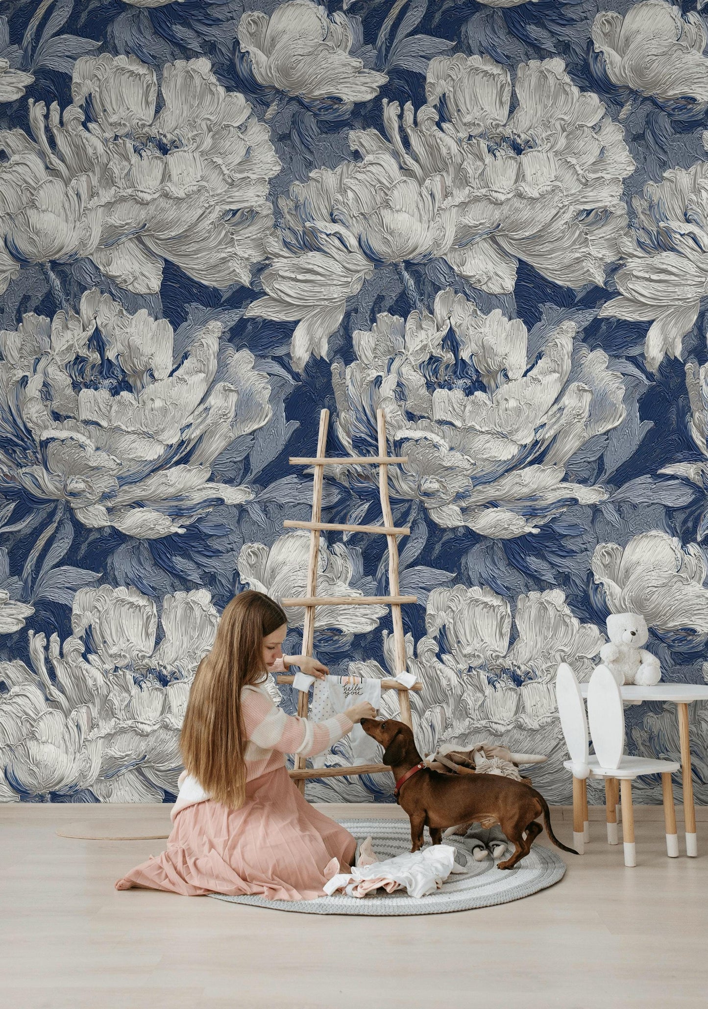Textured Blue Floral Wallpaper: Modern Impasto Peel and Stick Wall Mural