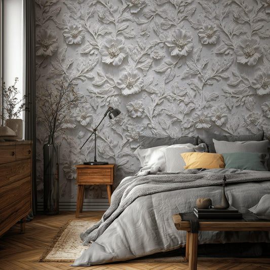 Floral Wallpaper with 3D Effect White Minimalist Wall Mural