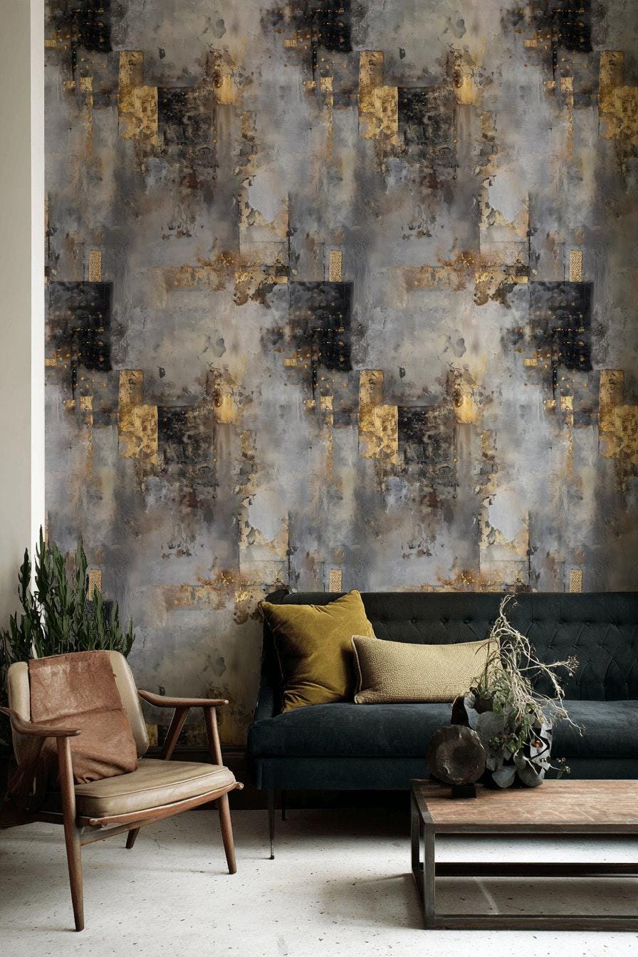 Distressed Concrete Texture Wallpaper | Luxury Gold Grunge Wall Mural | Modern Peel & Stick Art
