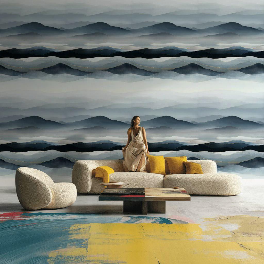 Blue Gray Mountain Wallpaper Mural: Gold Line Peel and Stick