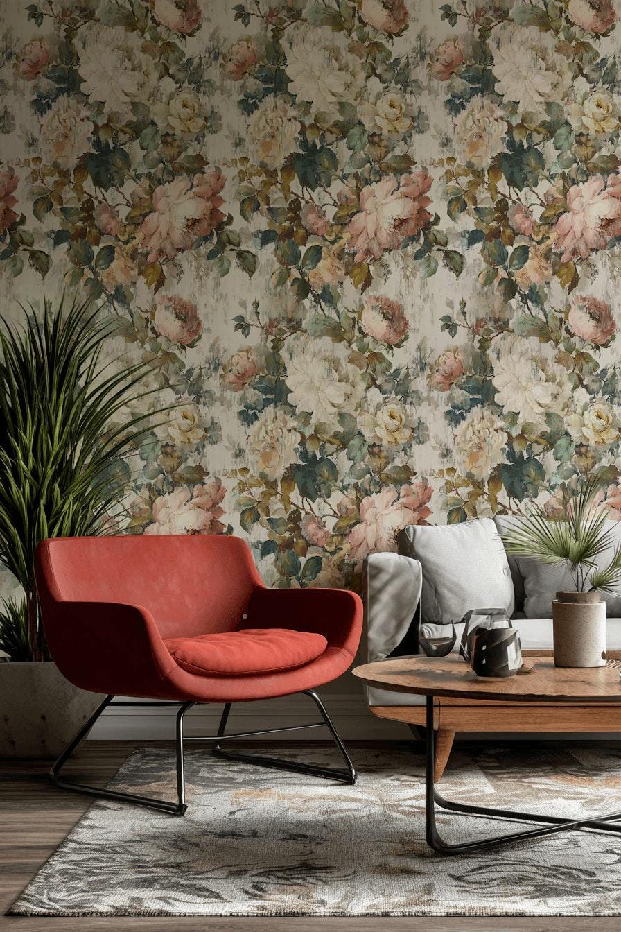 Vintage Floral Rose Wallpaper: Shabby Chic Peel and Stick Wall Mural