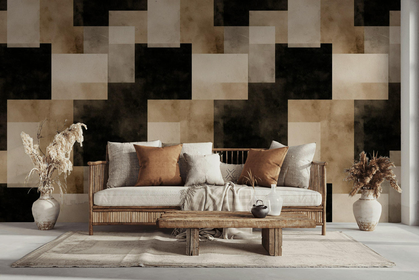 Abstract Geometric Squares Wallpaper | Modern Minimalist Wall Mural | Neutral Peel and Stick Decor