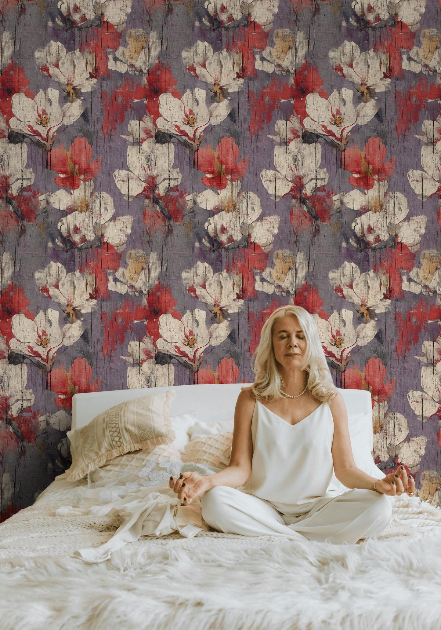 Abstract Floral Peel and Stick Wallpaper: Distressed Wood Texture Wall Mural