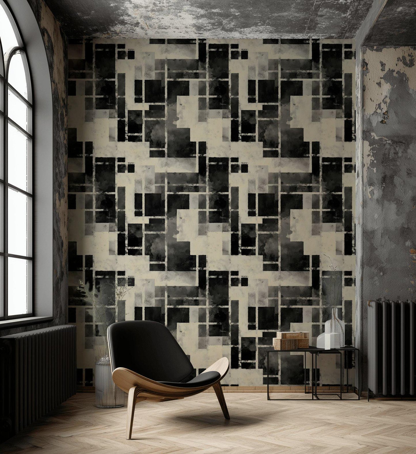 Monochrome Bauhaus Wallpaper: Abstract Watercolor Grid, Peel & Stick Mural