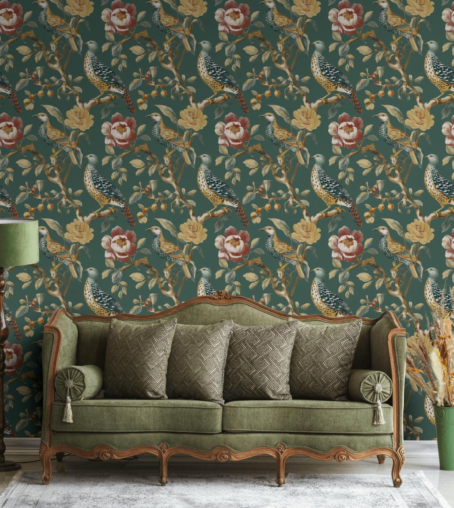 Chinoiserie Bird Wallpaper: Dark Green Floral Peel and Stick Mural