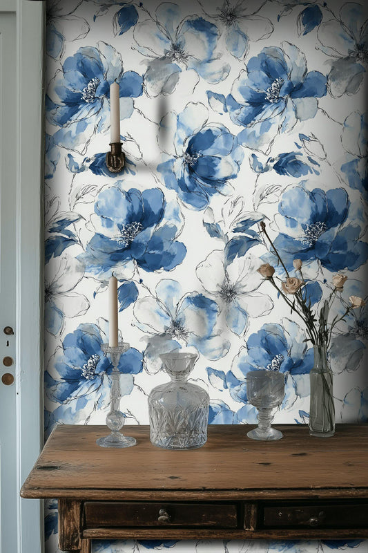 Blue Watercolor Peony Wallpaper: Abstract Floral Peel and Stick Wall Mural
