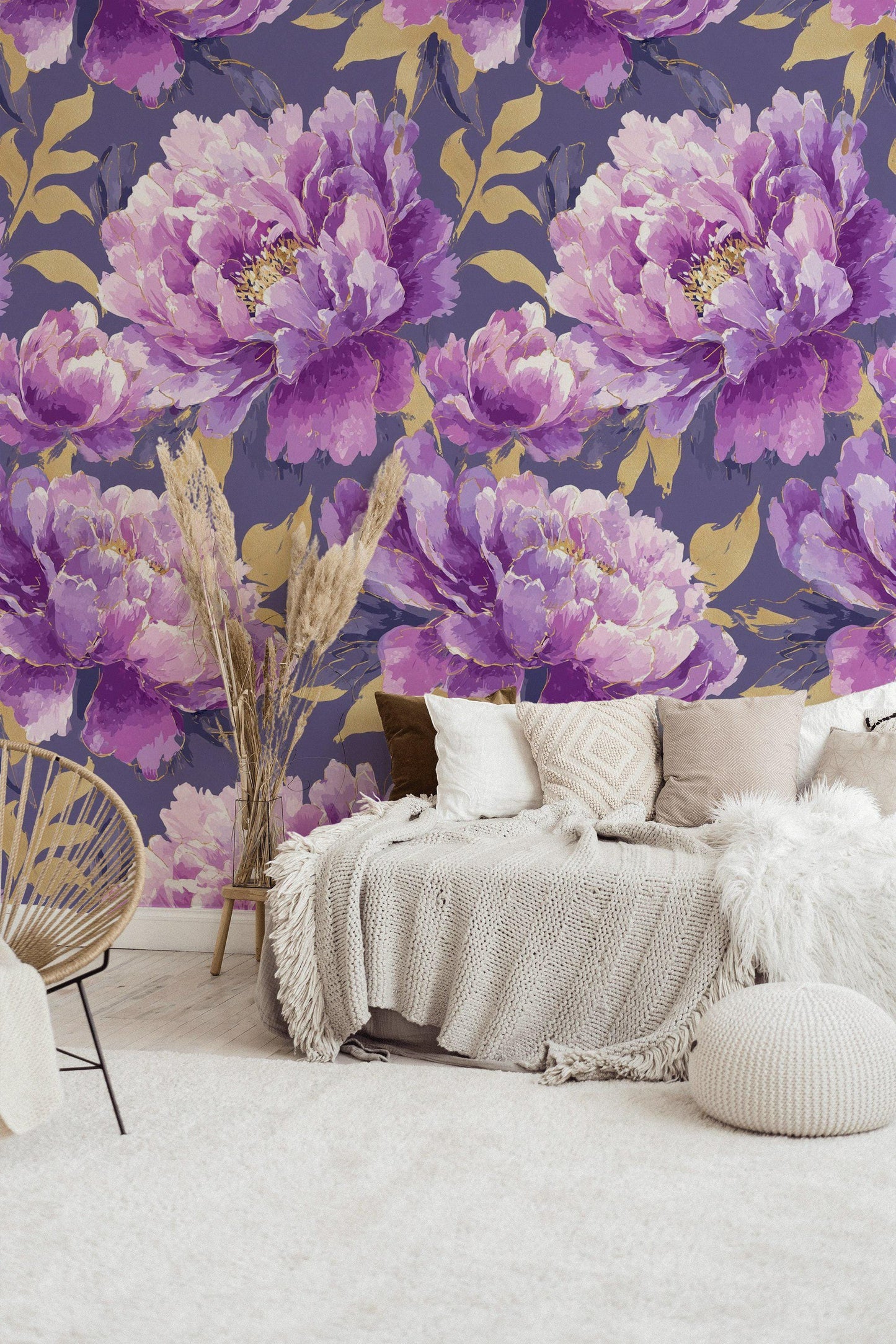 Purple & Gold Peony Wallpaper: Glam Botanical Peel and Stick Mural