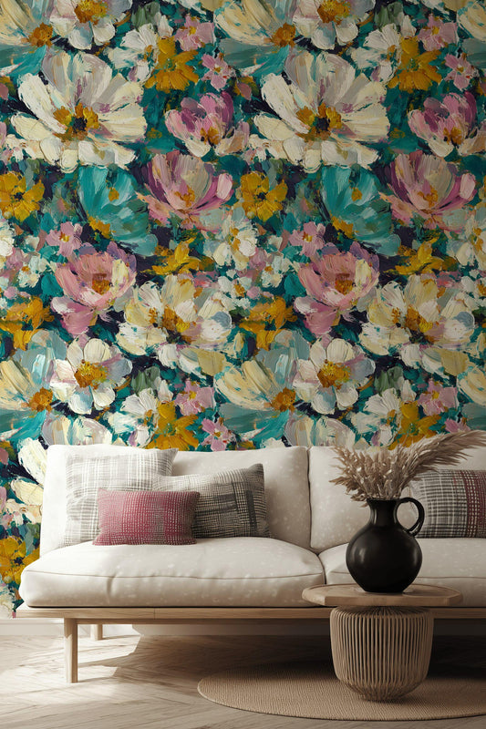 Textured Impasto Floral Wallpaper Mural: Peel and Stick Art Decor