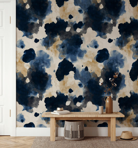 Abstract Cow Print Wallpaper Mural: Navy, Beige, Cream Peel and Stick