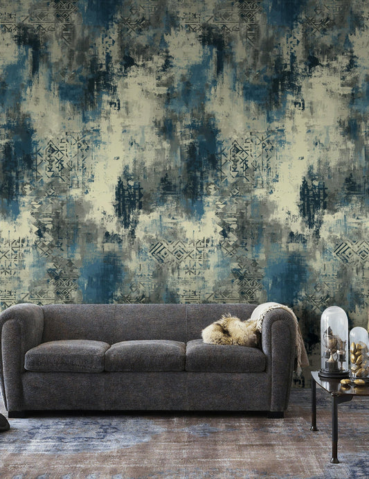 Abstract Blue Grey Wallpaper | Distressed Industrial Wall Mural | Modern Urban Peel and Stick Decor