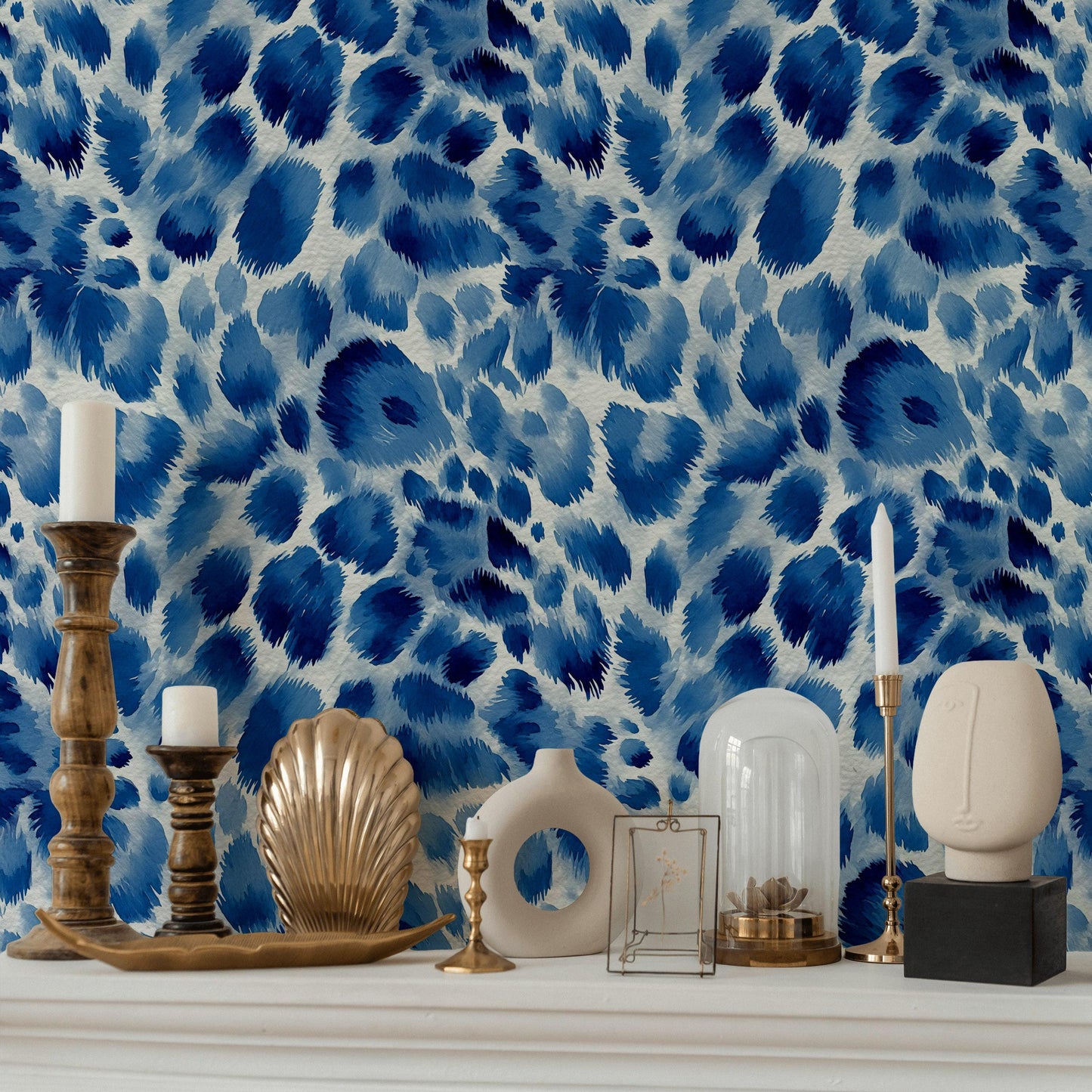 Bold Blue Animal Print Wallpaper, Watercolor Cheetah Wall Mural, Cobalt Peel and Stick Deco