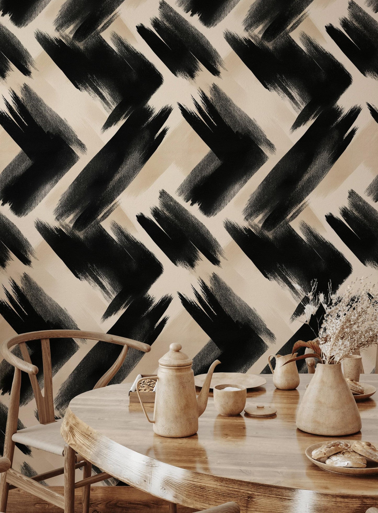 Abstract Brush Stroke Wallpaper | Modern Black White Wall Mural | Artistic Peel and Stick Decor