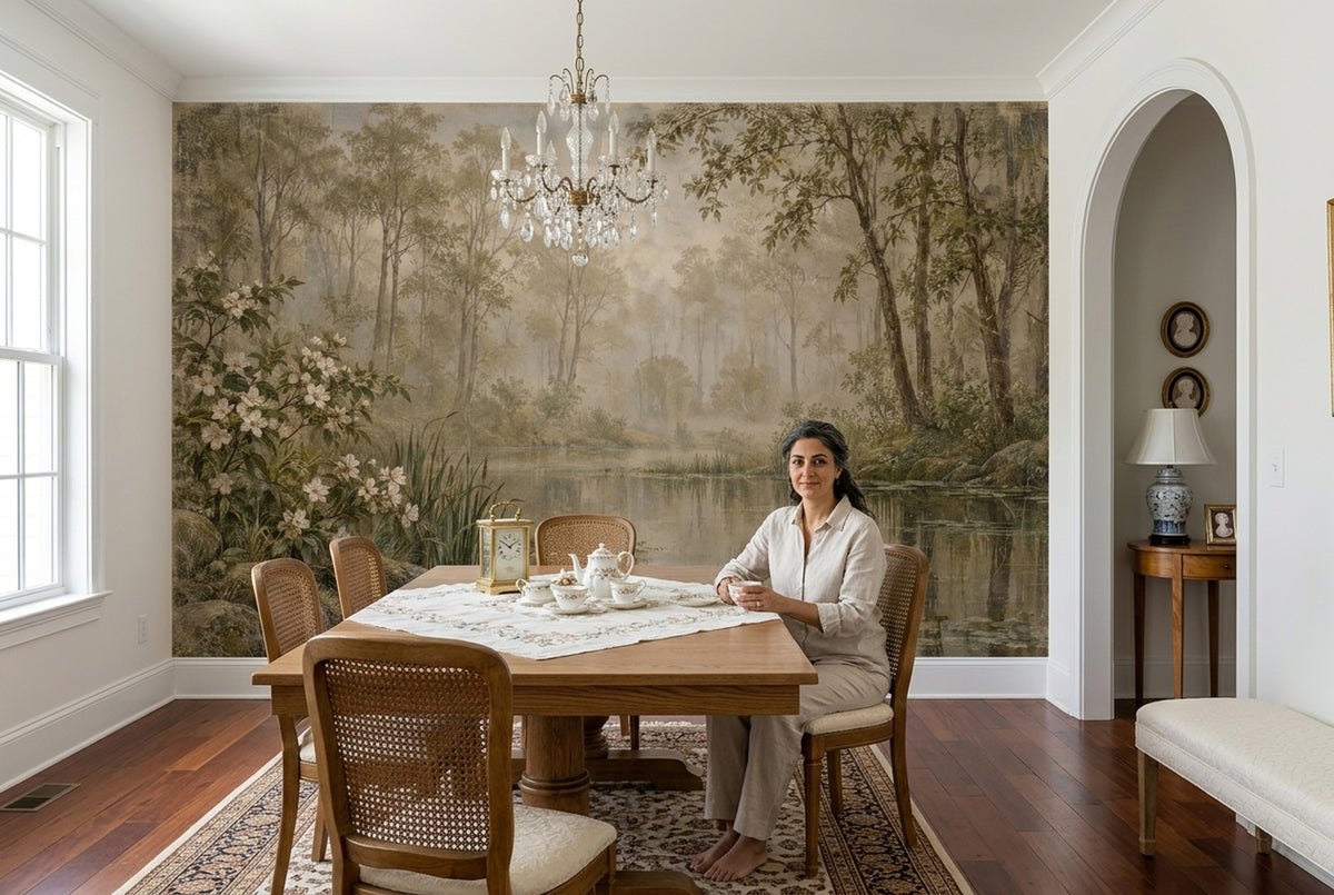 Woodland Reflections Wall Mural with Misty Pond and White Blossoms