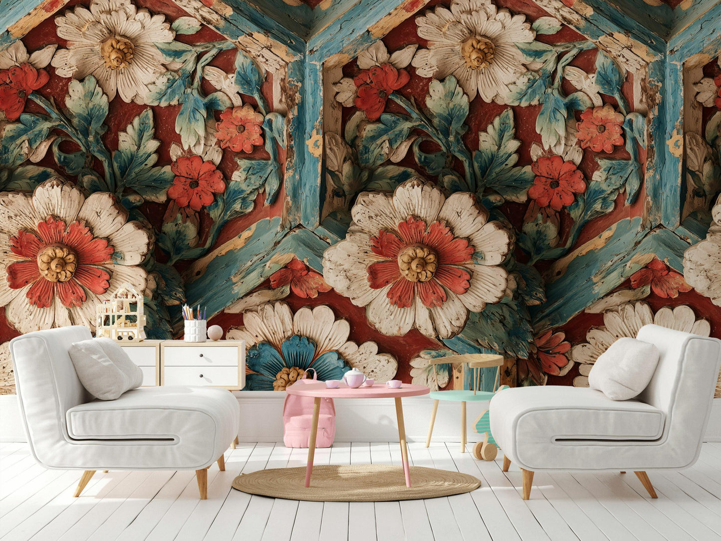 Faux Carved Wood Wallpaper: 3D Floral Peel and Stick Wall Mural
