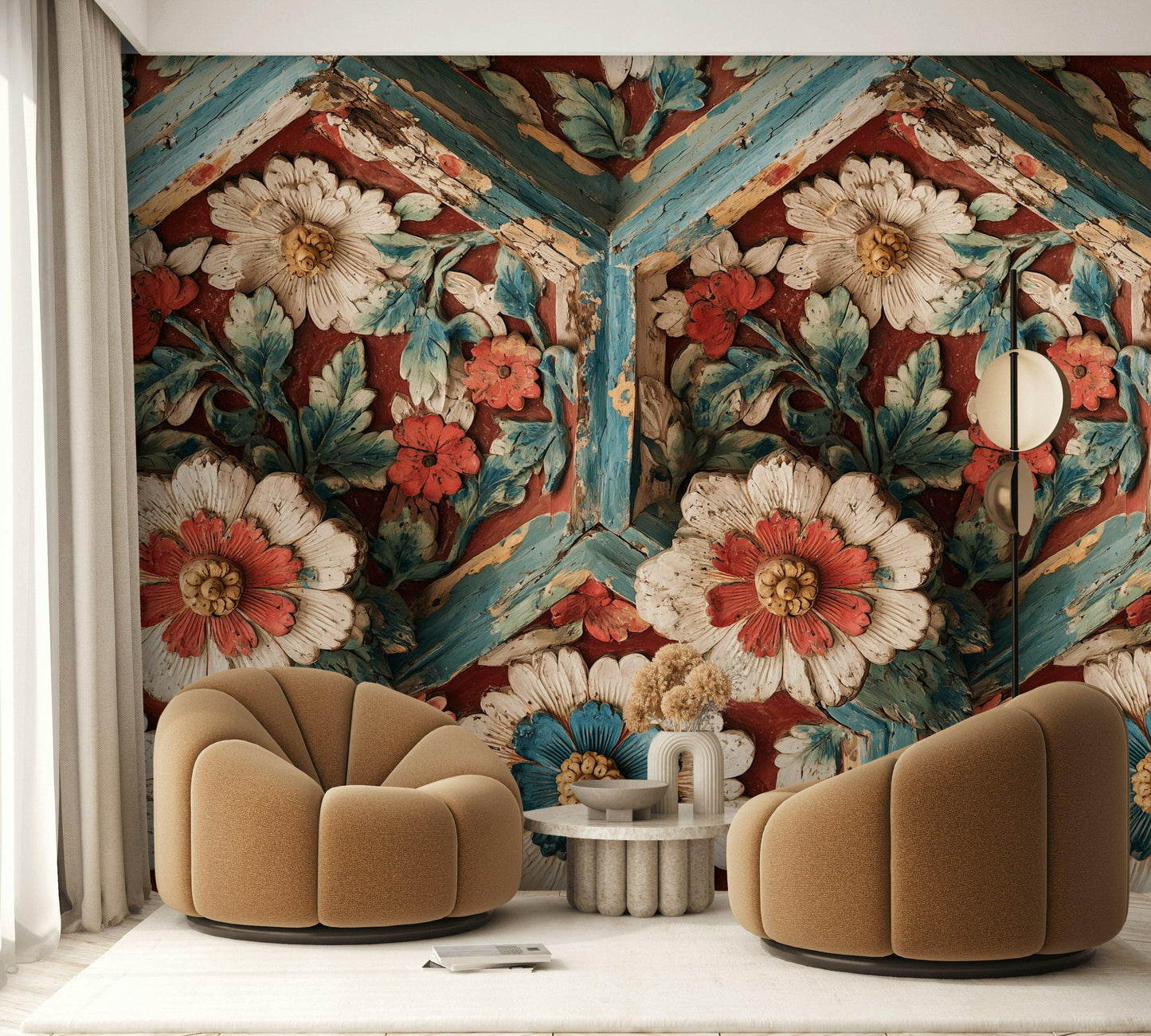 Faux Carved Wood Wallpaper: 3D Floral Peel and Stick Wall Mural
