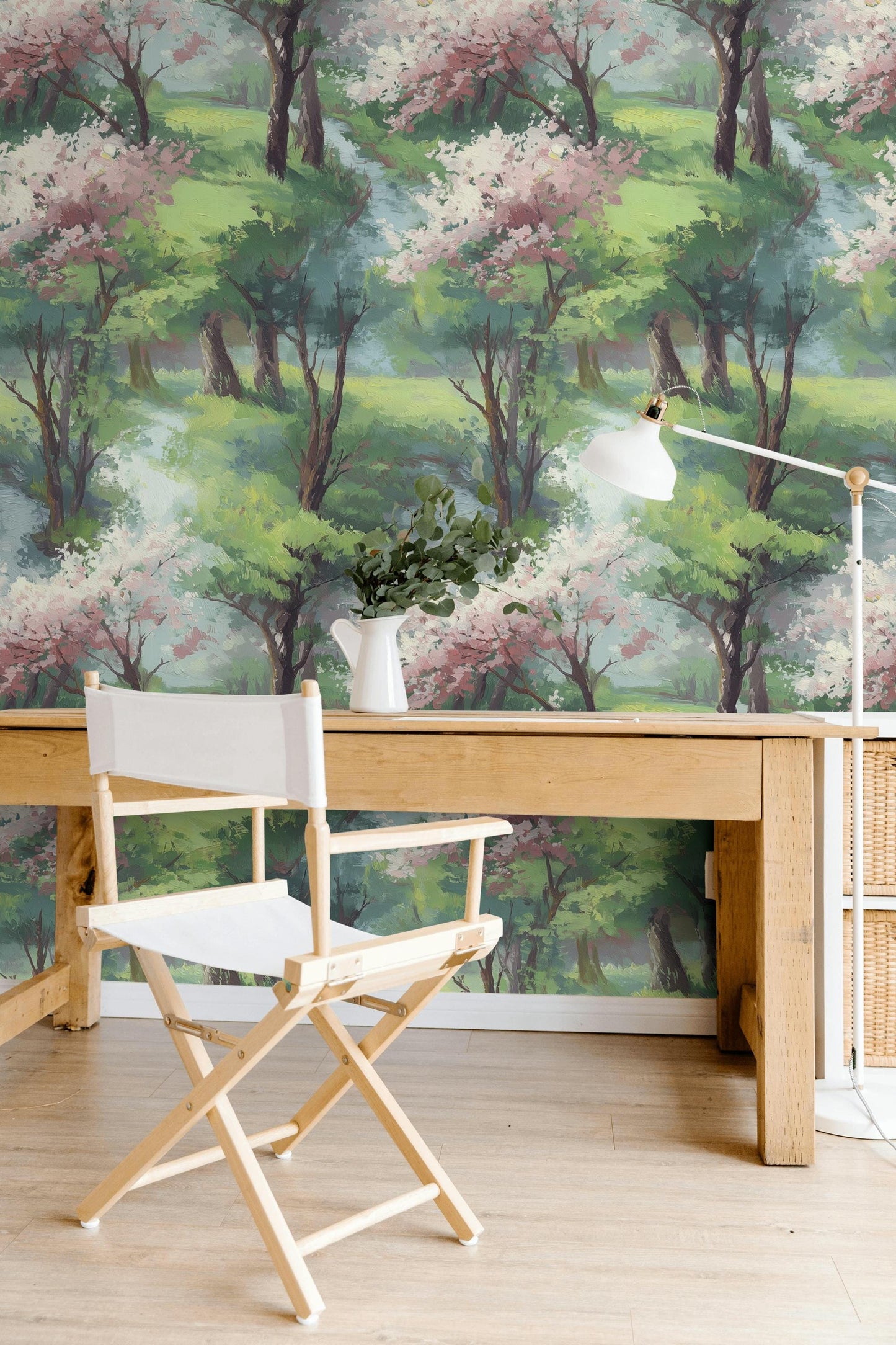 Watercolor Spring Forest Wallpaper: Peel and Stick Green Landscape Wall Mural