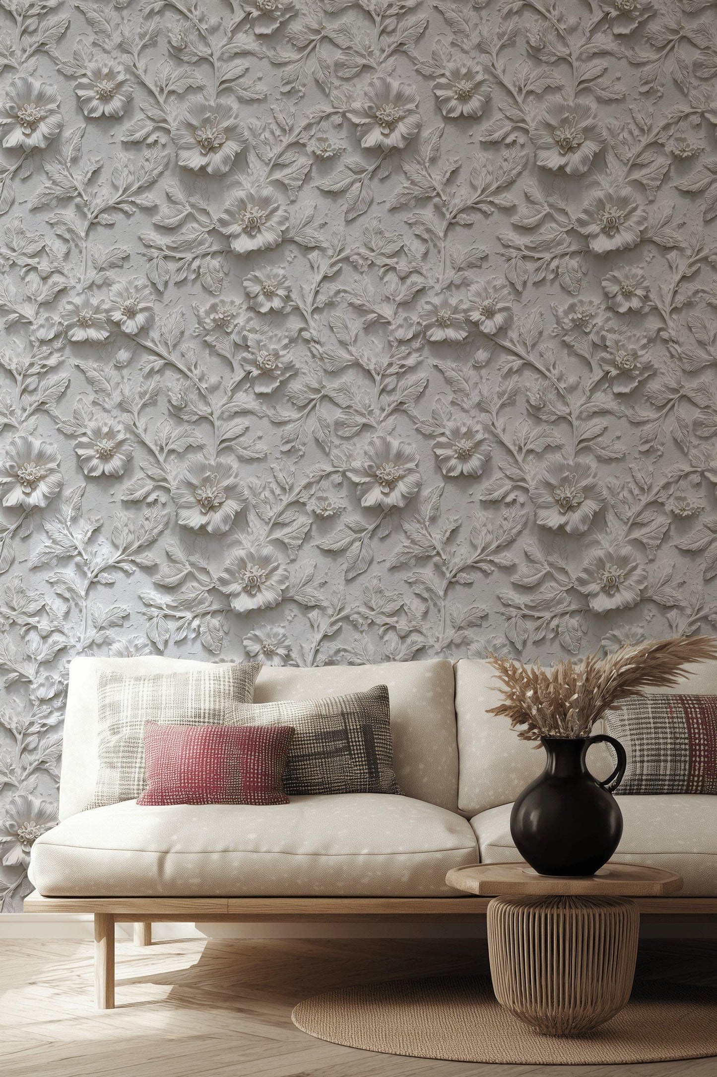Embossed 3D Floral Wallpaper, White Textured Wall Mural, Peel and Stick Minimalist Decor