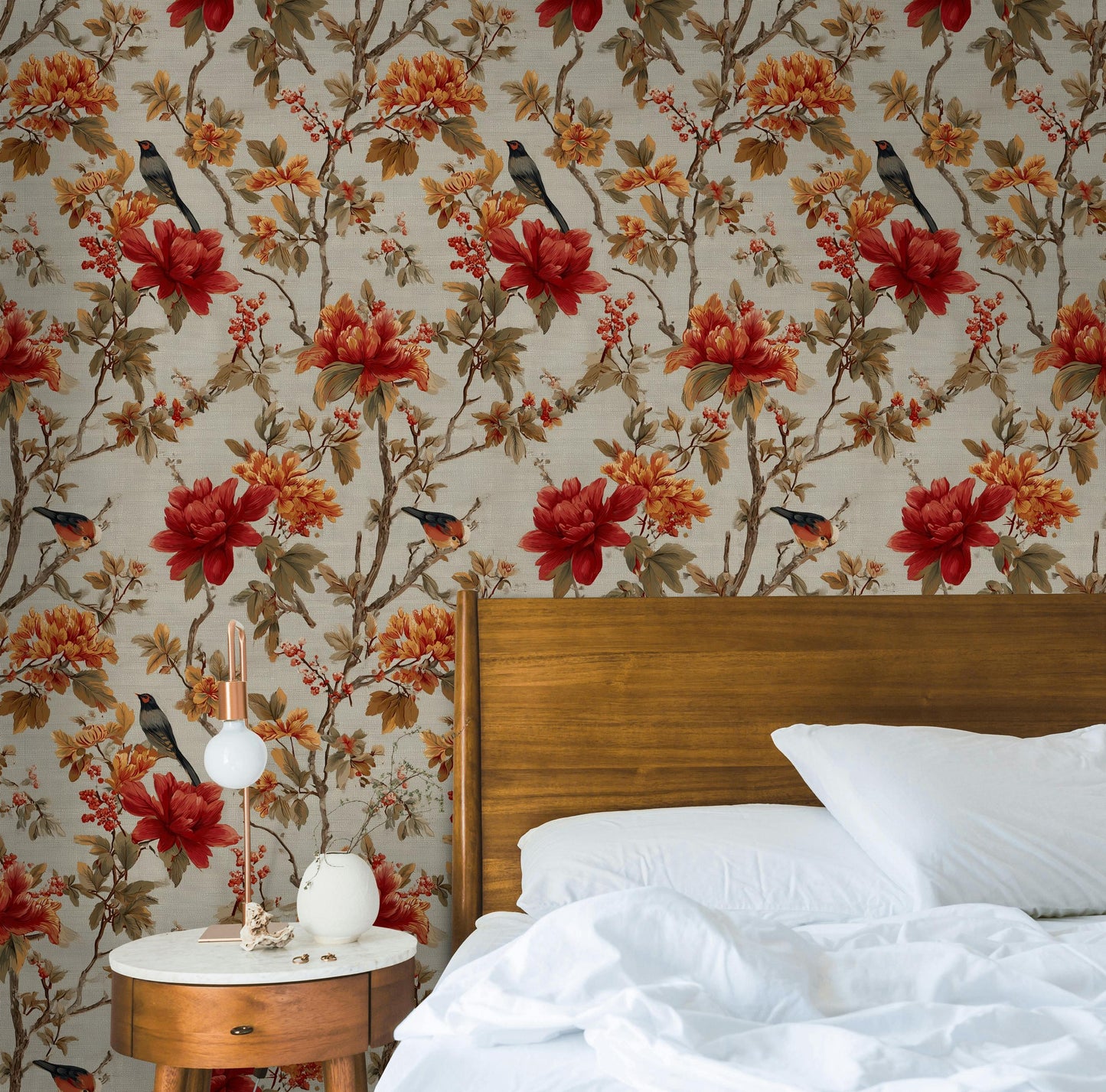 Chinoiserie Peel and Stick Wallpaper Mural: Bird & Floral Wall Decor