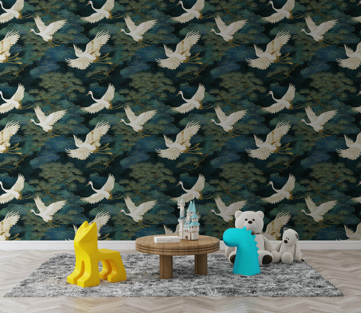 Luxury Crane Bird Wallpaper | Dark Chinoiserie Wall Mural | Peel & Stick or Traditional Japanese Art