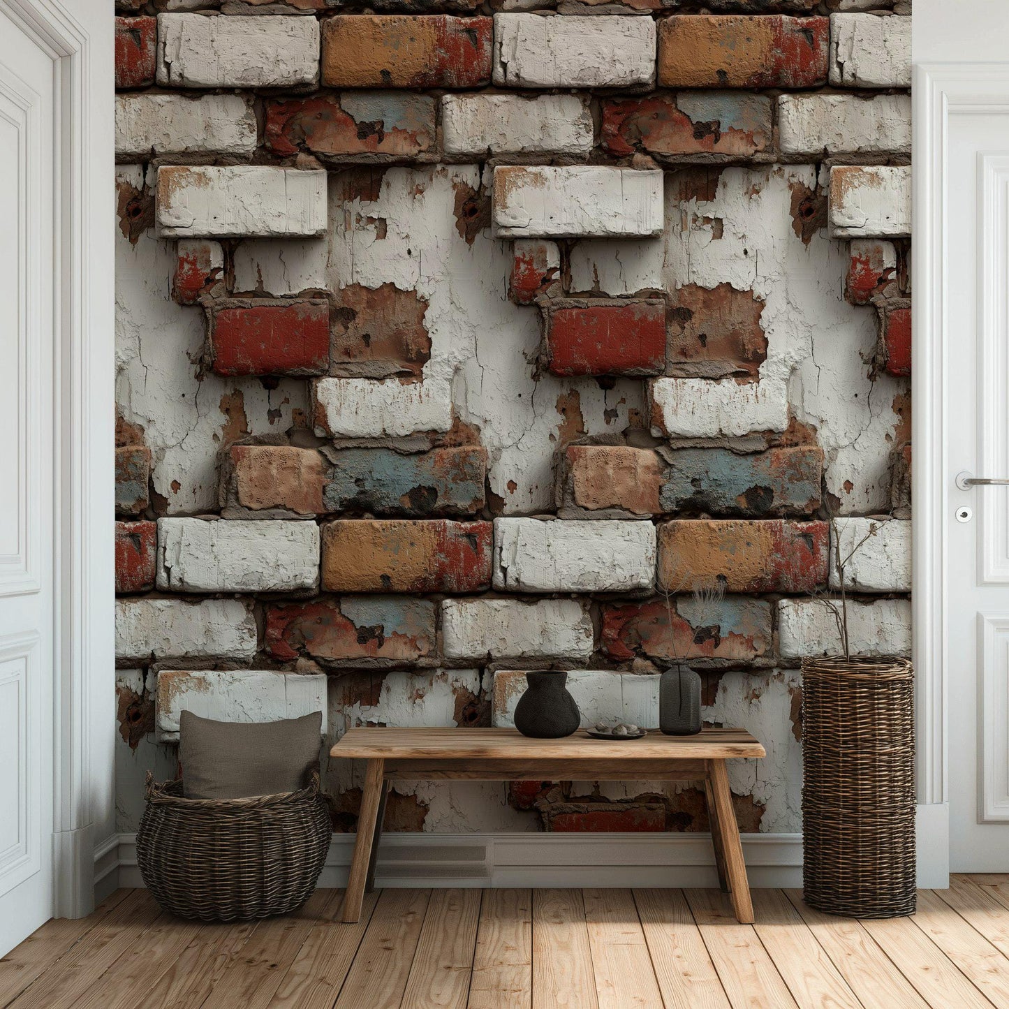 Distressed Brick Wallpaper | Peel & Stick Rustic Faux Texture Mural | Industrial Farmhouse Wall Decor