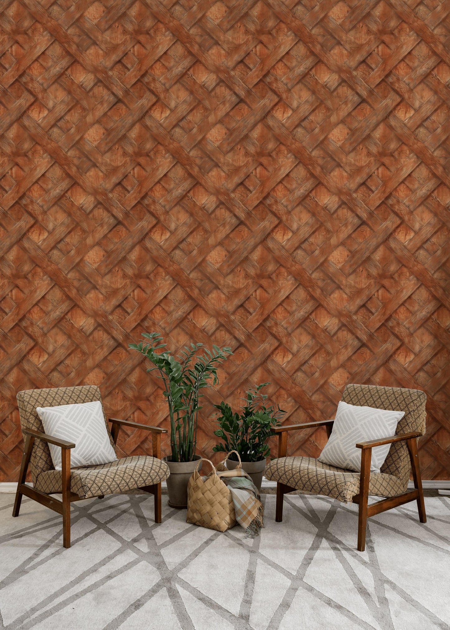 Faux Wood Lattice Wallpaper | Terracotta Brick Wall Mural (Peel & Stick)