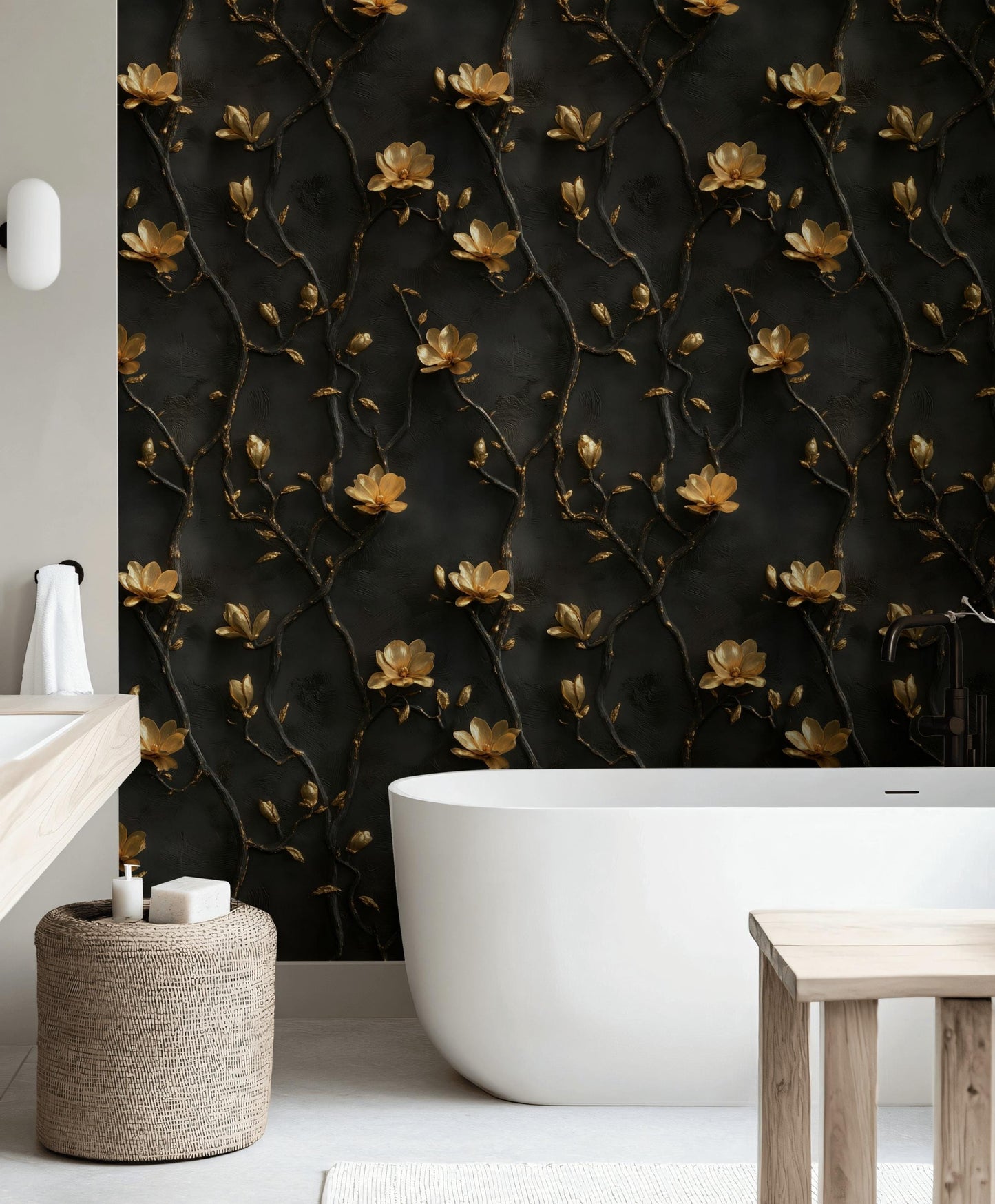 Black and Gold Floral Wallpaper | 3D Embossed Magnolia Mural