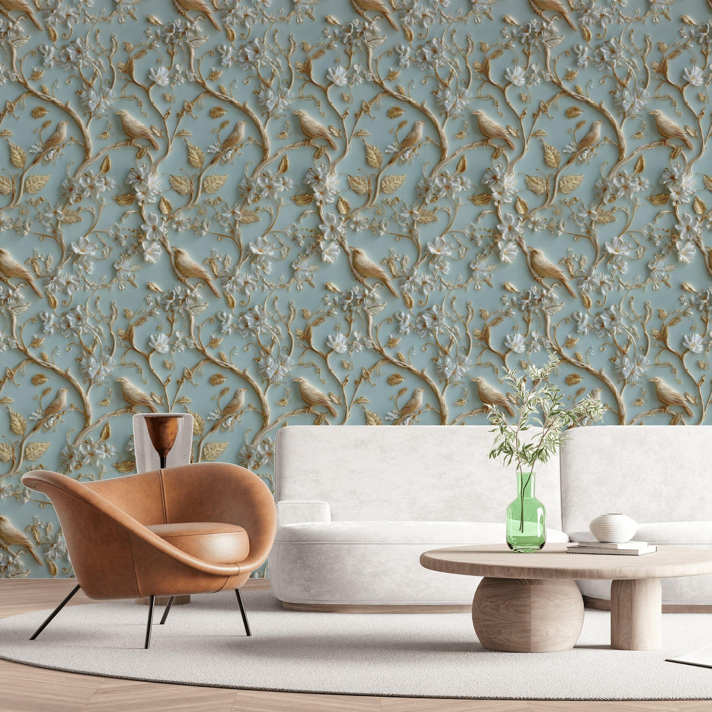 Chinoiserie Bird Wallpaper with 3D Effect Gold Branch Wall Mural Light Blue Embossed