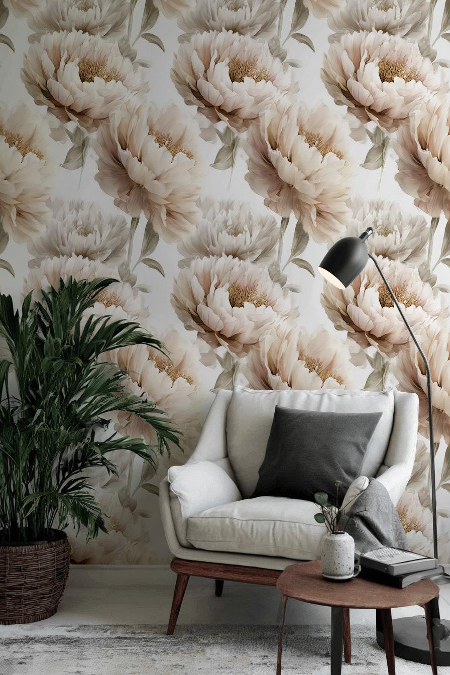 Neutral Peony Wall Mural | Large Cream Floral Wallpaper | Minimalist Bedroom Peel and Stick