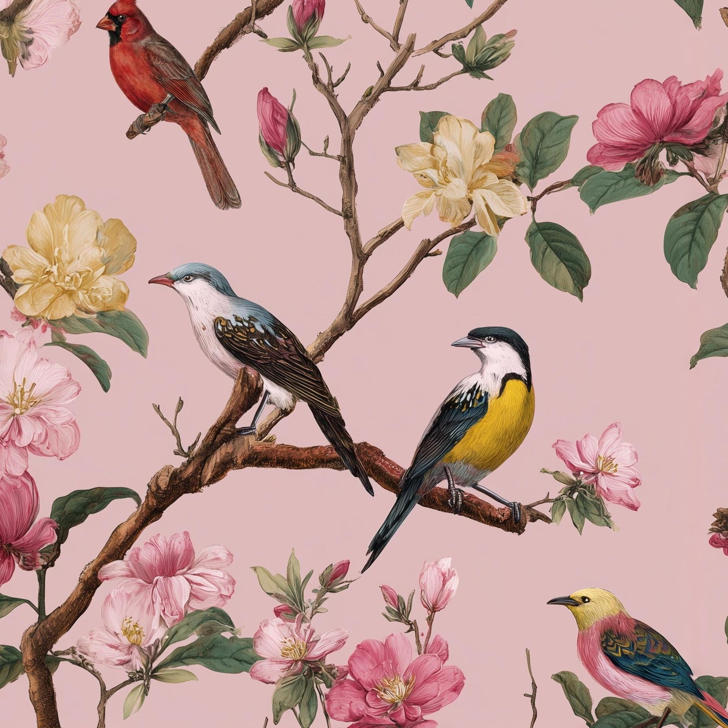 Floral Wallpaper Birds Pink Wall Mural
