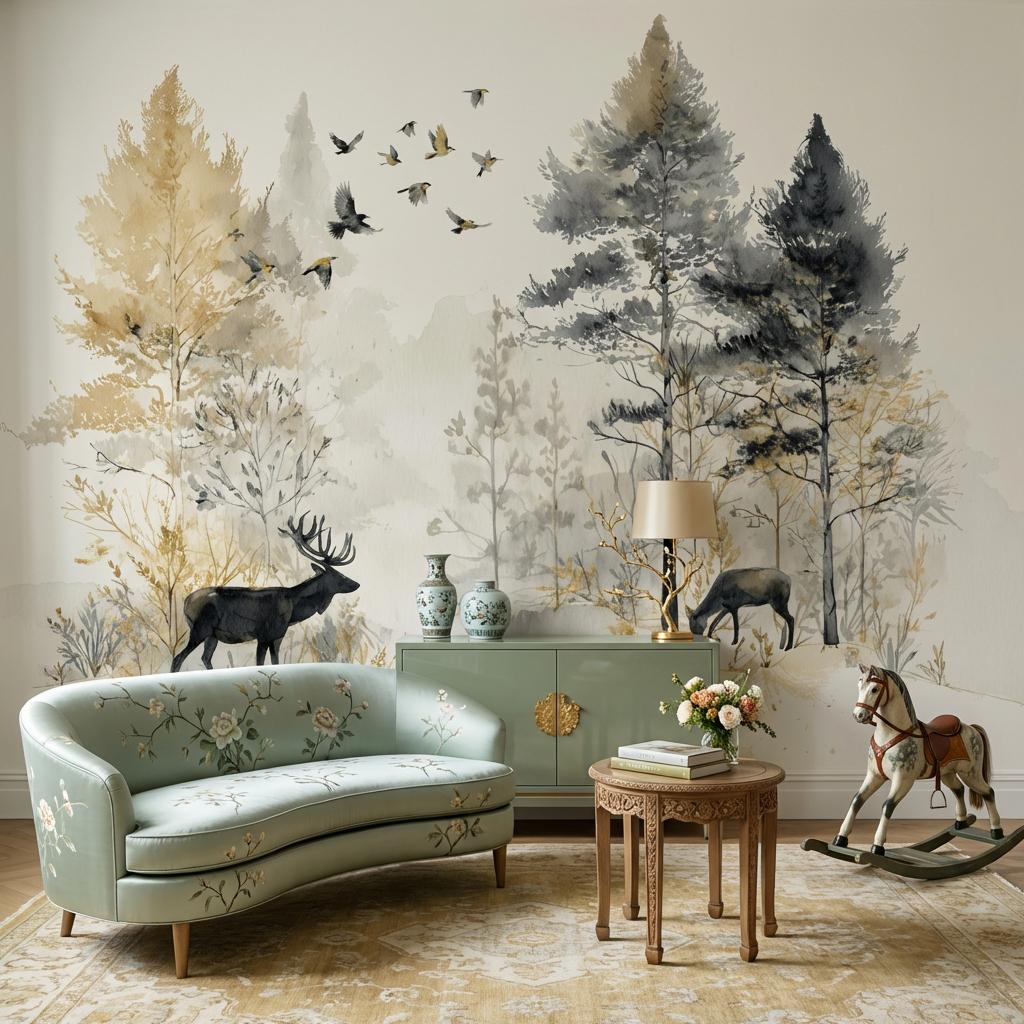 Deer Landscape Wallpaper Trees Watercolor Wall Mural