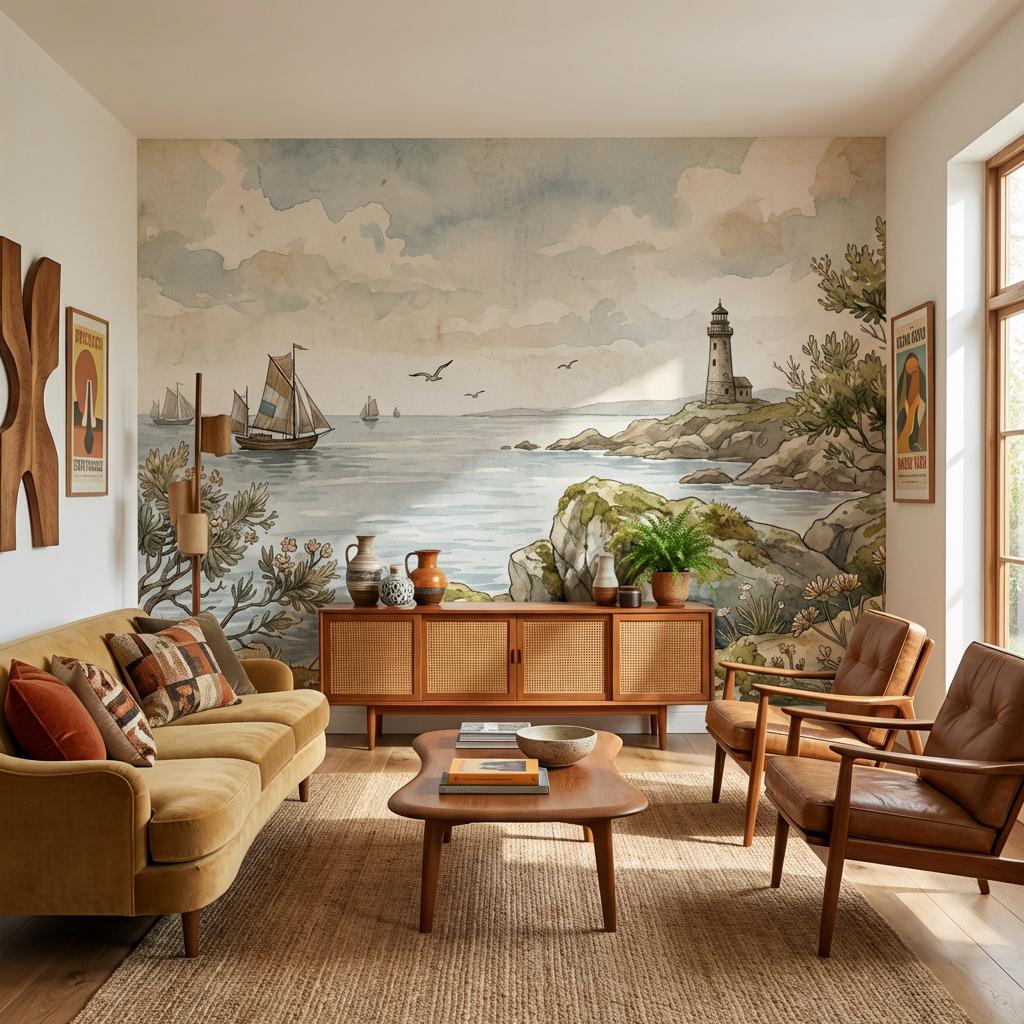 Coastal Wallpaper Lighthouse Sailboats Wall Mural