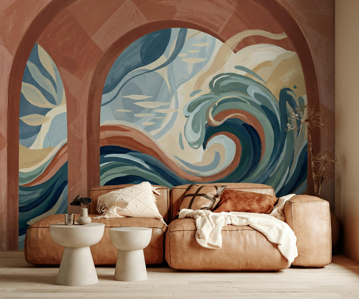 Abstract Seascape Wallpaper Ocean Waves Terracotta Arches Wall Mural