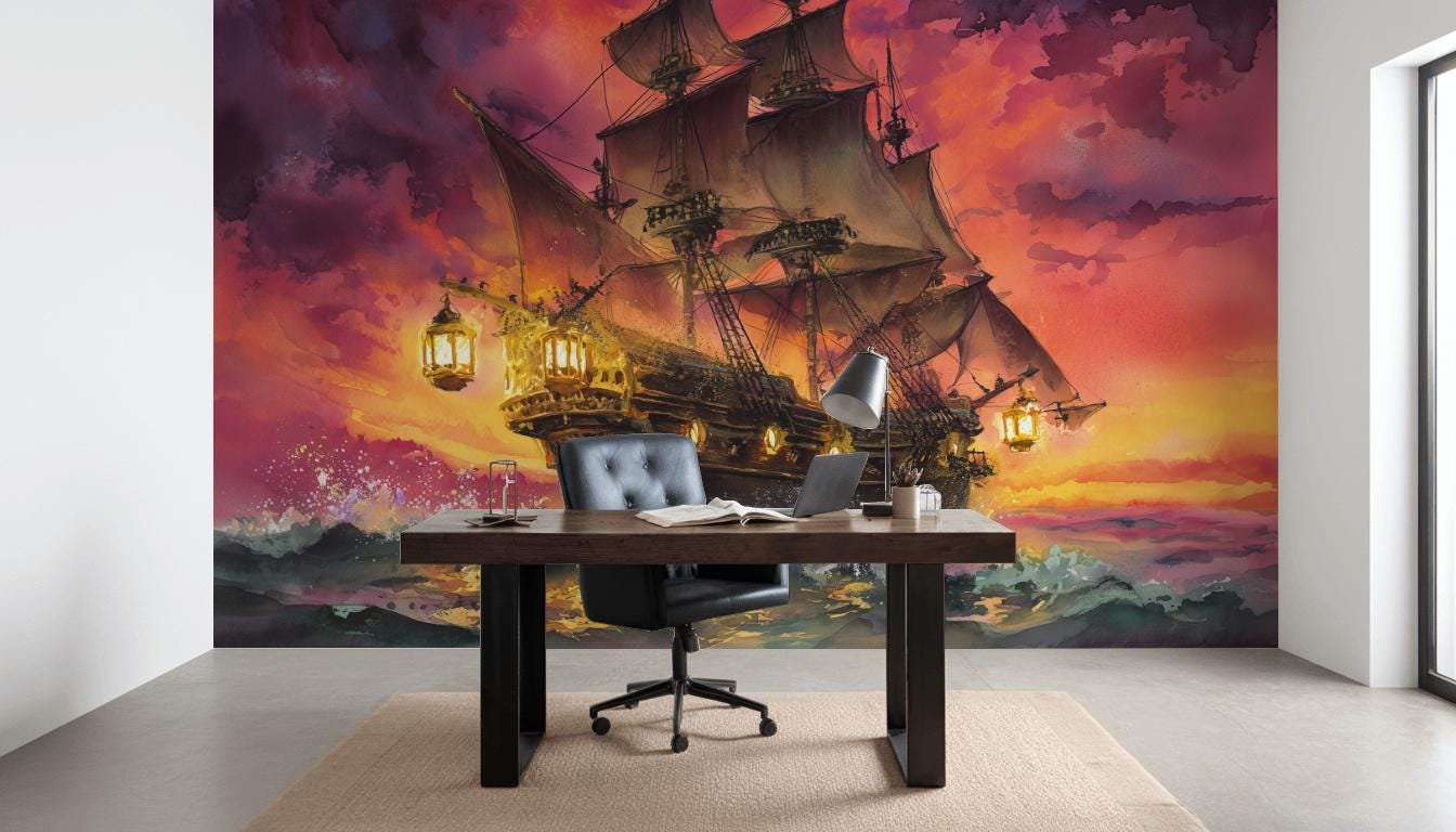 Ship Wallpaper Sunset Ocean Wall Mural