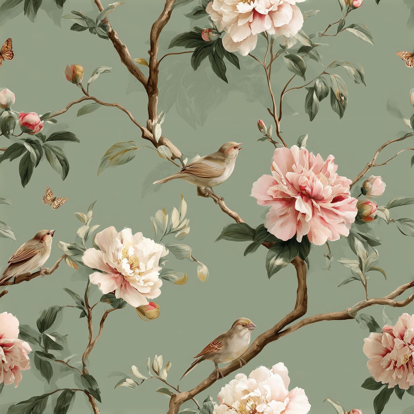 Vintage Floral Wallpaper Peony Blossoms Sage Green Background Wall Mural