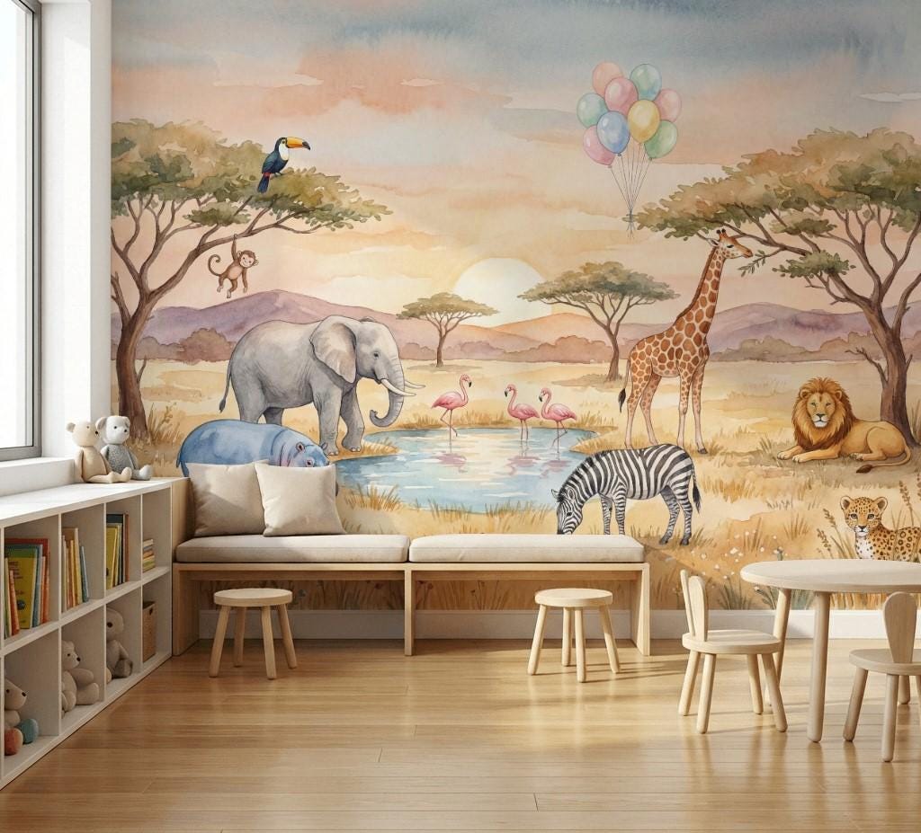 Safari Wallpaper Savanna Watercolor Wall Mural