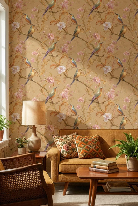 Floral Birds Wallpaper Pink Blossoms Ornate Scrollwork Wall Mural