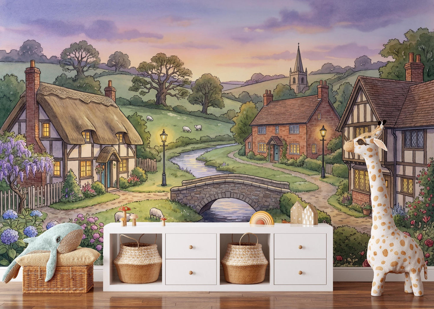English Countryside Wallpaper Storybook Village Stone Bridge Wall Mural