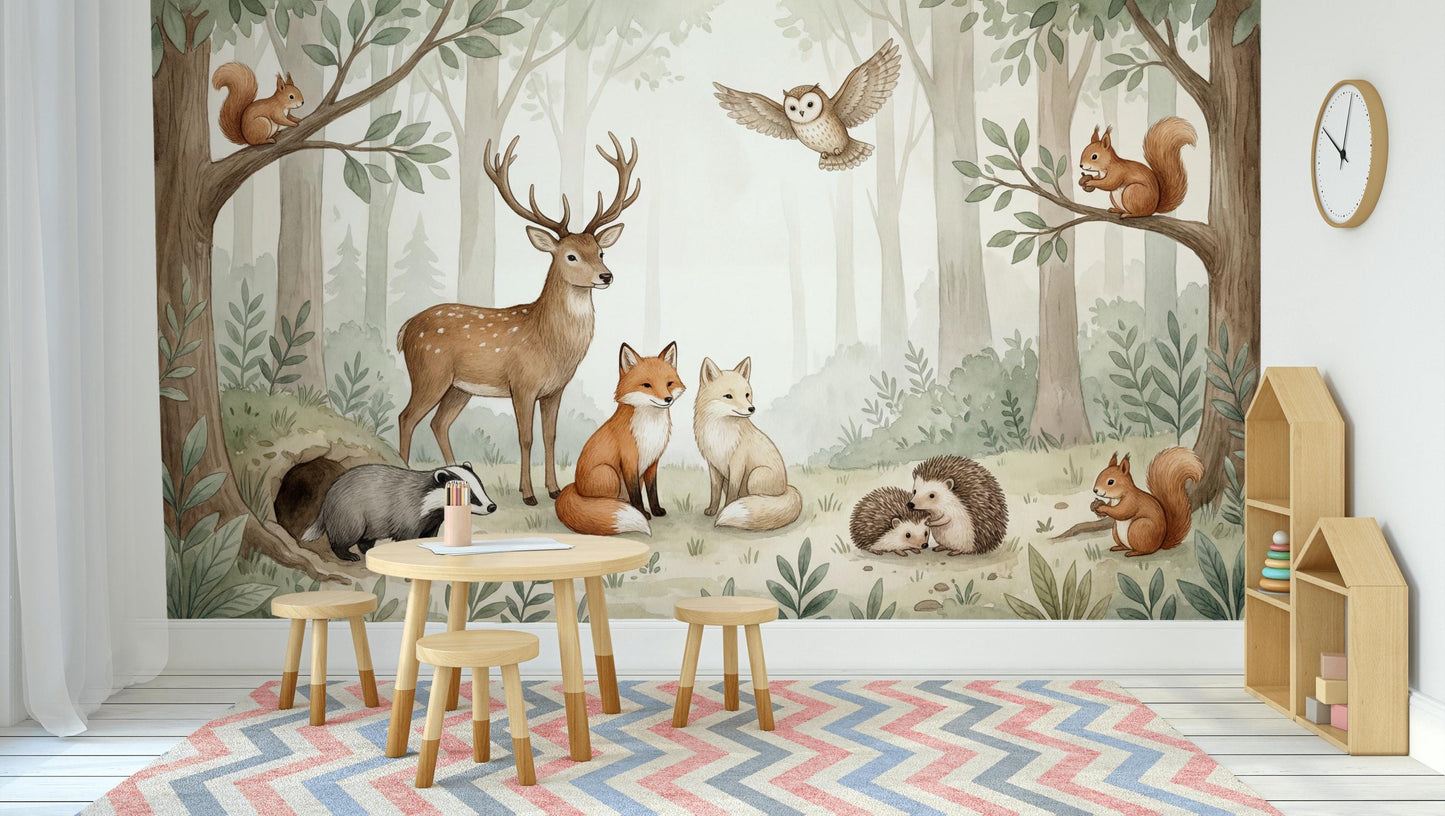 Misty Forest Wallpaper Woodland Animals Watercolor Wall Mural