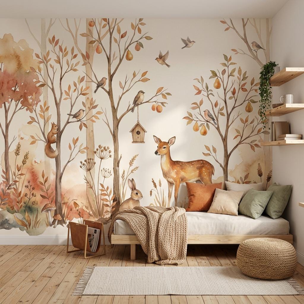 Watercolor Woodland Wallpaper Autumn Forest Birds And Birdhouse Wall Mural