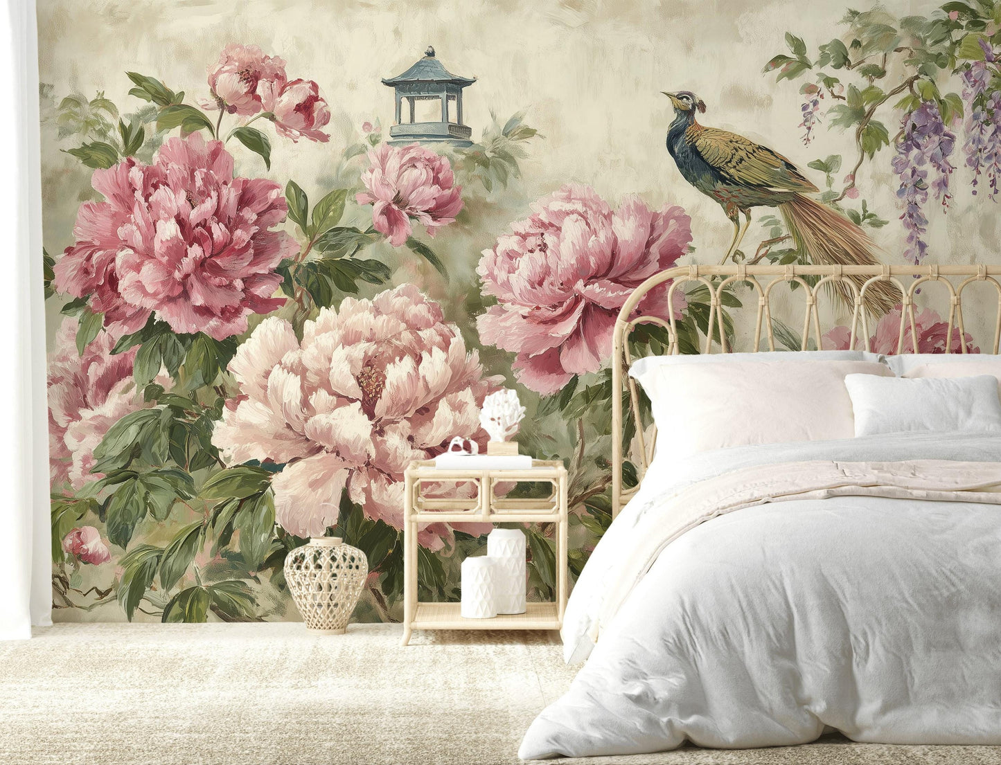 Peony Blossoms Wallpaper Oriental Garden Bird Wall Mural