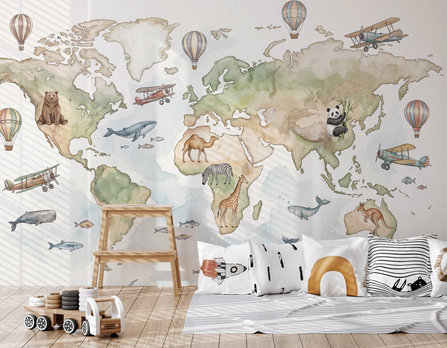 World Map Wallpaper Mural: Kids Animals, Planes, Hot Air Balloons (Peel & Stick)