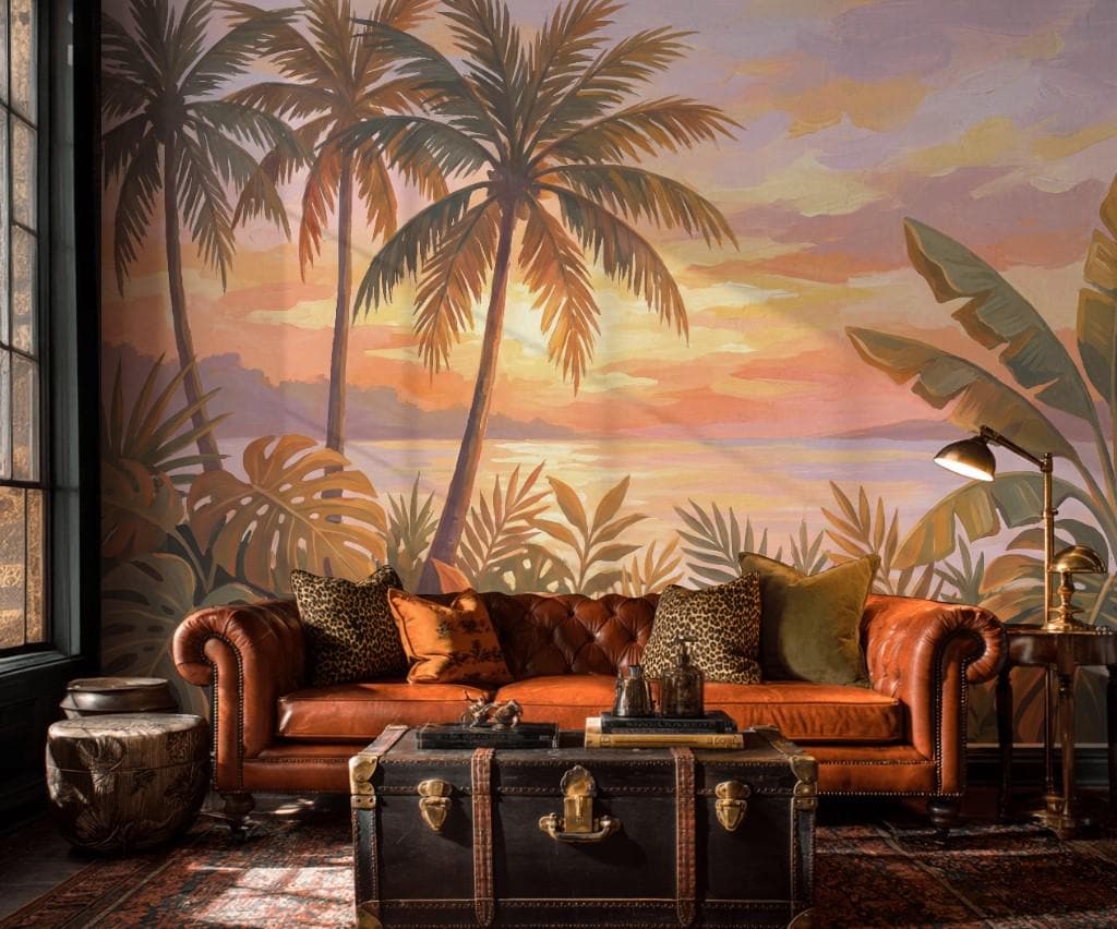 Tropical Sunset Wallpaper Palm Trees Coastal Landscape Wall Mural