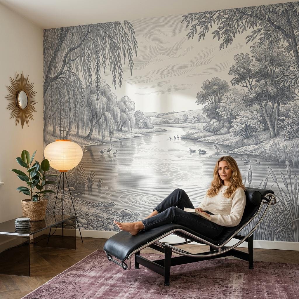 Pastoral Landscape Wallpaper River Scene Willow Trees Wall Mural