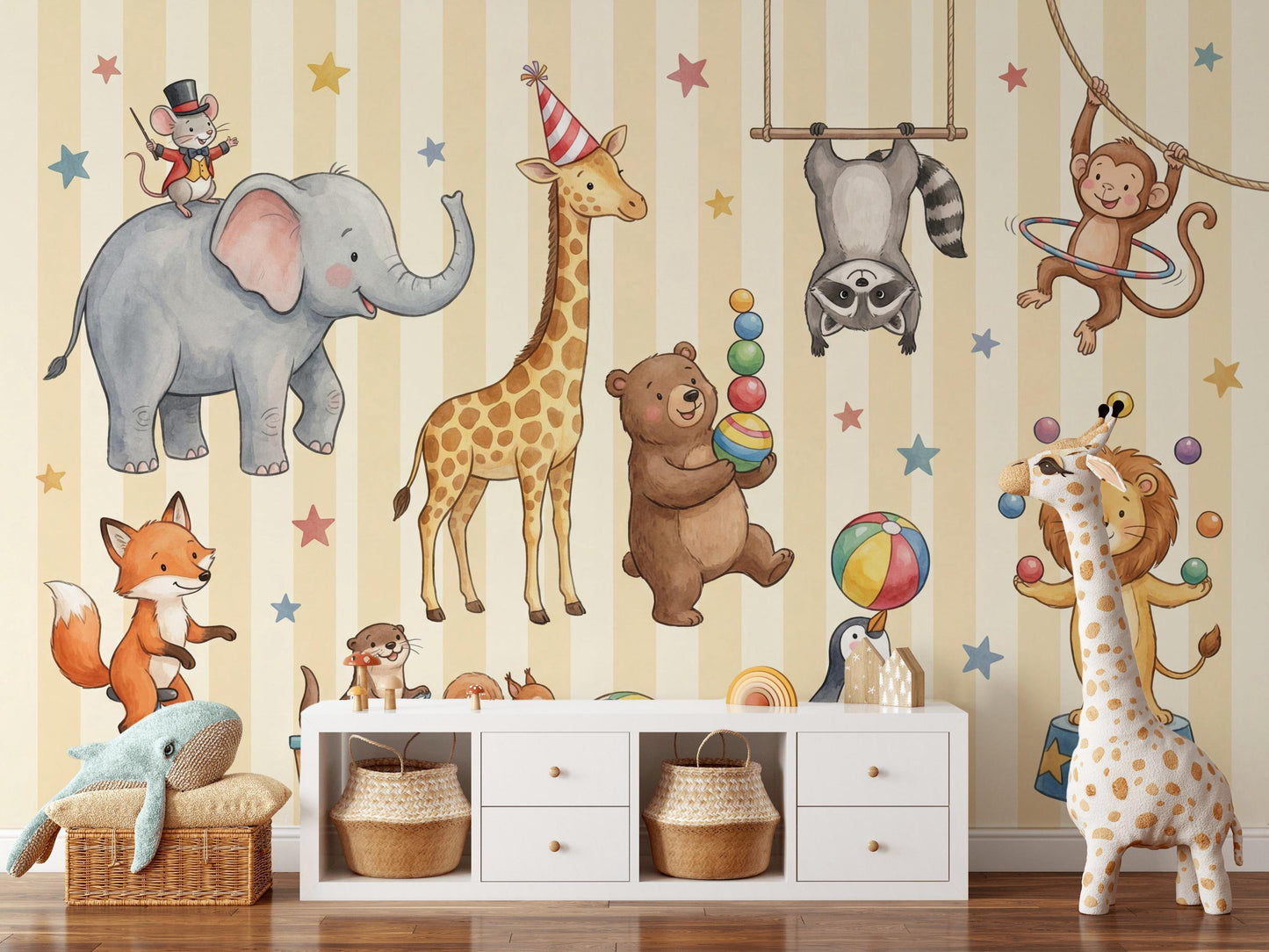 Circus Animals Wallpaper Kids Wallpaper Watercolor Illustration Wall Mural