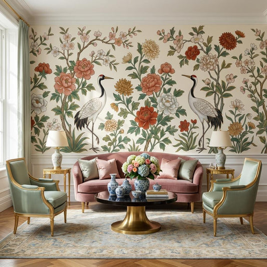 Chinoiserie Floral Crane Wallpaper Vintage Botanical Bird Elegant Living Room Wall Mural