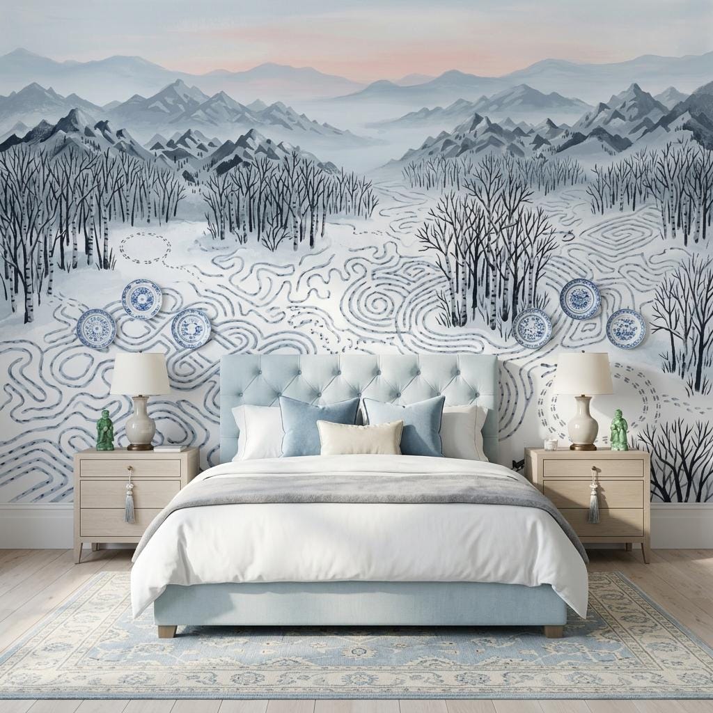 Winter Mountain Wallpaper Mural, Snow Landscape Wall Decor, Scenic Forest Wall Art