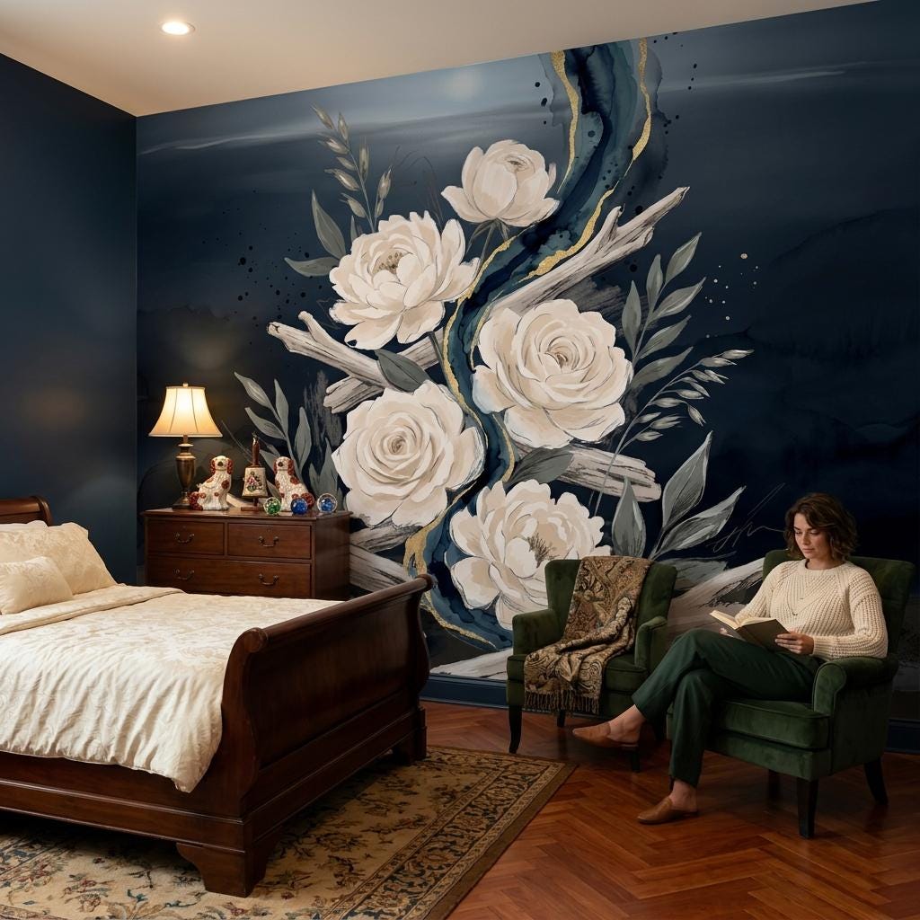 Dark Floral Wallpaper Mural, Elegant Rose Wall Art, Luxury Botanical Wall Decor