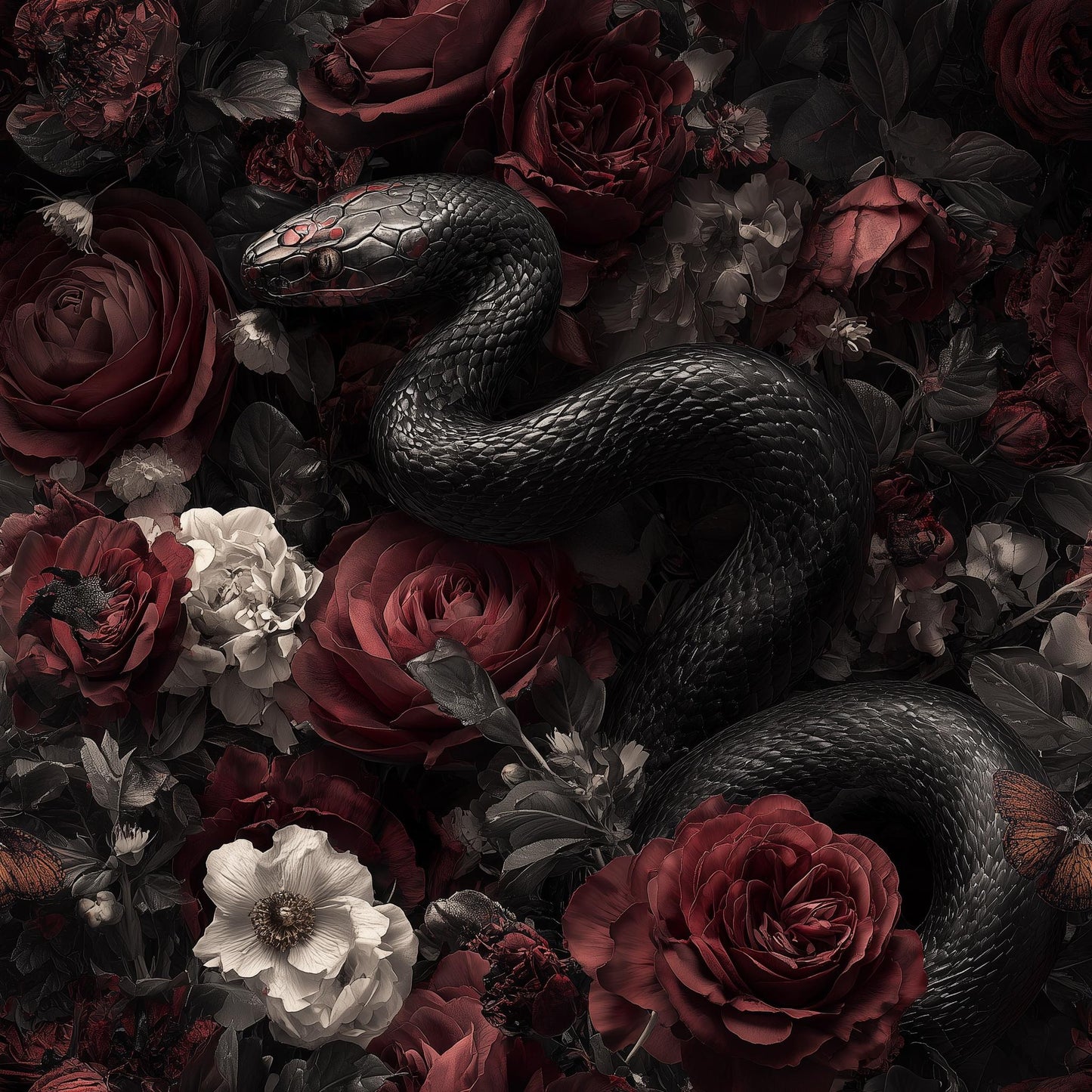 Dark Floral Snake Wallpaper Gothic Rose Pattern Luxury Moody Wall Decor