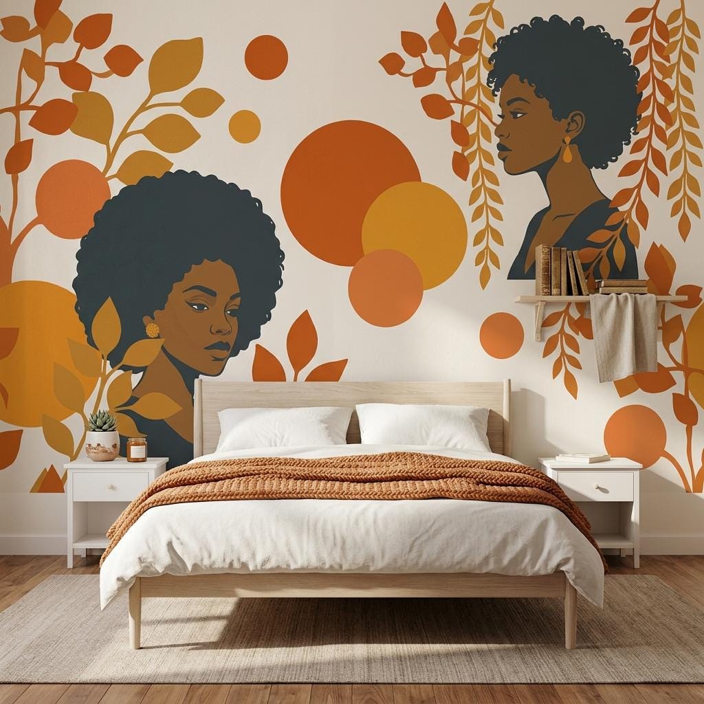 Afro Woman Wall Mural: Retro Orange Abstract Leaves, Mid-Century Modern Decor